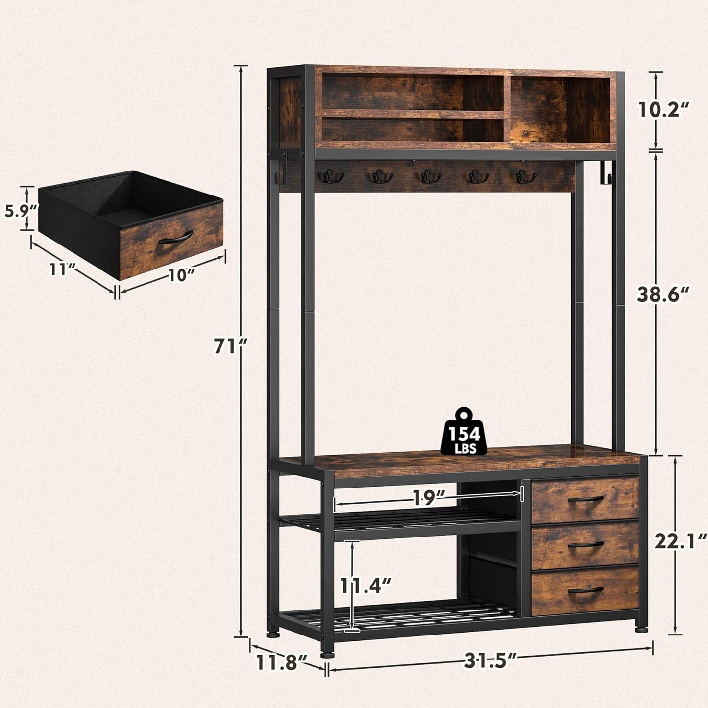 Hall Tree with Bench and Shoe Storage, Coat Rack Freestanding with 3 Fabric Drawers, Entryway Bench with Shoe Storage, Hall Tree with 12 Hooks for Hallway