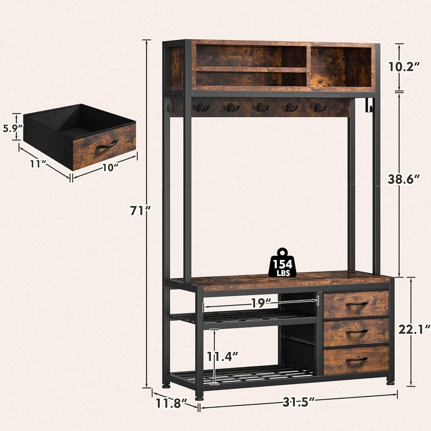 Hall Tree with Bench and Shoe Storage, Coat Rack Freestanding with 3 Fabric Drawers, Entryway Bench with Shoe Storage, Hall Tree with 12 Hooks for Hallway