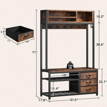 Hall Tree with Bench and Shoe Storage, Coat Rack Freestanding with 3 Fabric Drawers, Entryway Bench with Shoe Storage, Hall Tree with 12 Hooks for Hallway