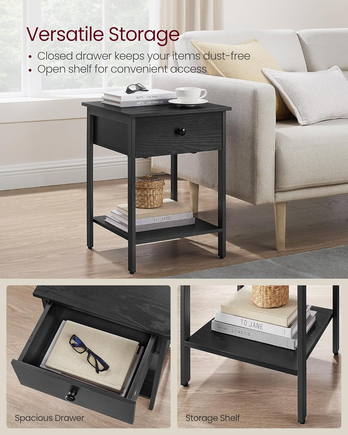 Nightstand, End Table, Side Table with Drawer and Shelf, 15.7 X 15.7 X 21.7 Inches, Bedroom, Steel Frame, Easy Assembly, Modern, Ebony Black ULET055B56