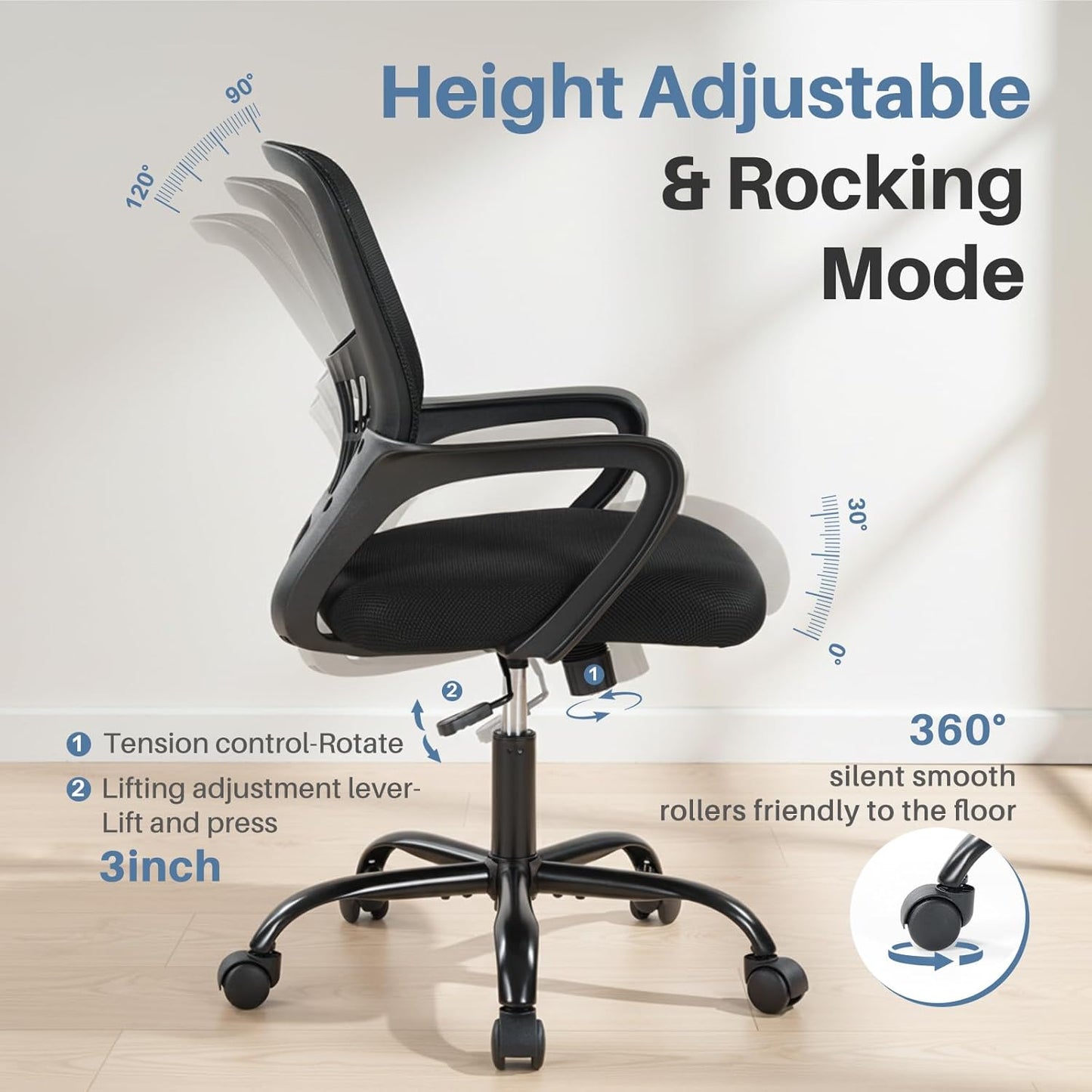 Home Office Computer Chair - Ergonomic Mid Back Desk with Lumbar Support and Rocking Mode, Height Adjustable with Fixed Armrest, for Conference Meeting Room, 360° Swivel, Adults, Black