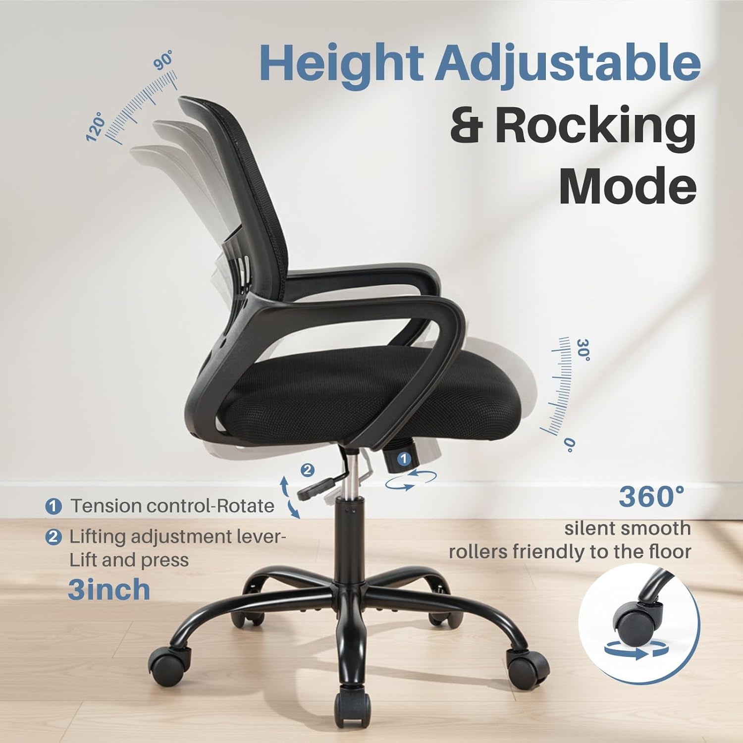 Home Office Computer Chair - Ergonomic Mid Back Desk with Lumbar Support and Rocking Mode, Height Adjustable with Fixed Armrest, for Conference Meeting Room, 360° Swivel, Adults, Black