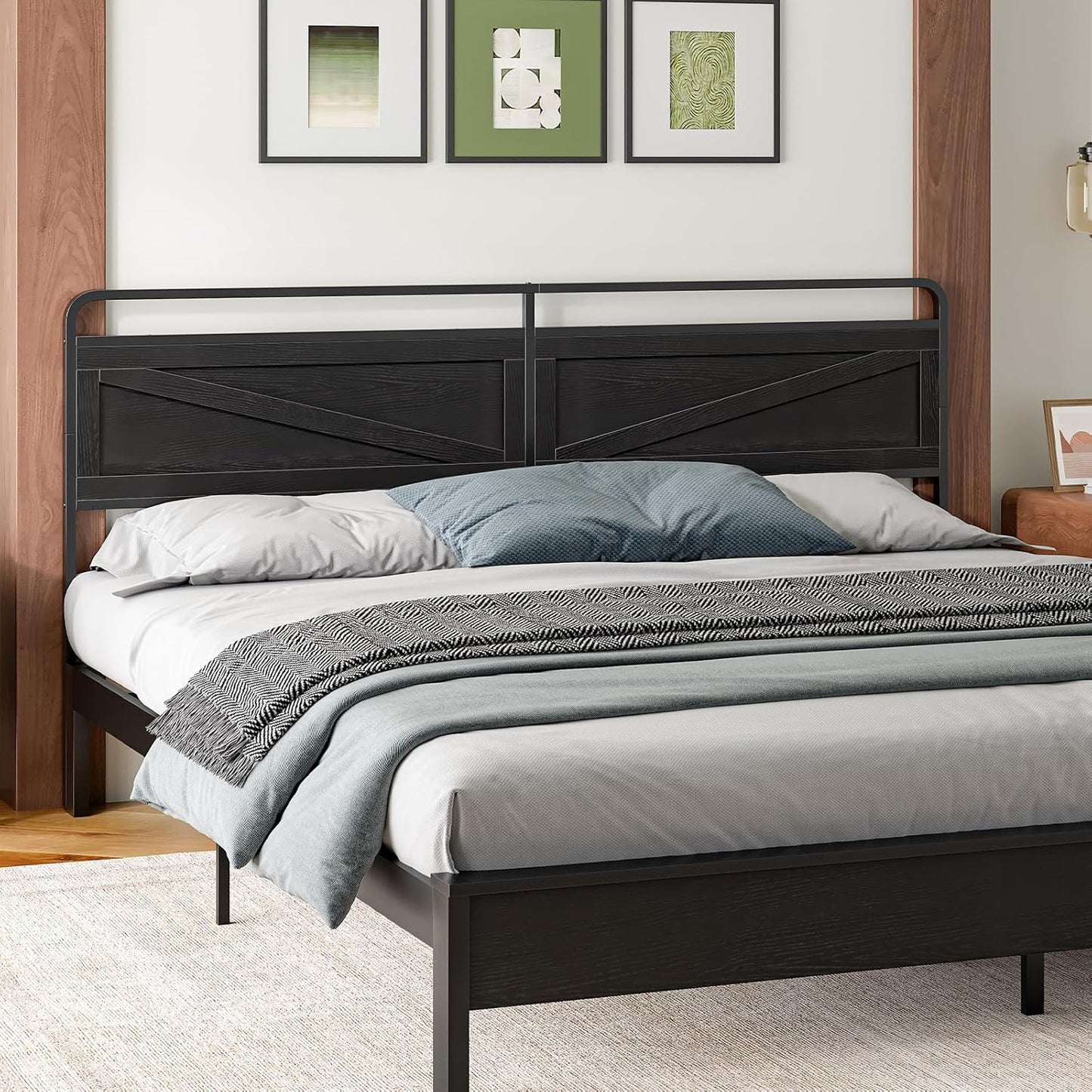 Wooden Panel Headboard, King Headboard, Minimalist Head Board with Metal Frame, Height Adjustable, with Bed Frame Adapter, Black