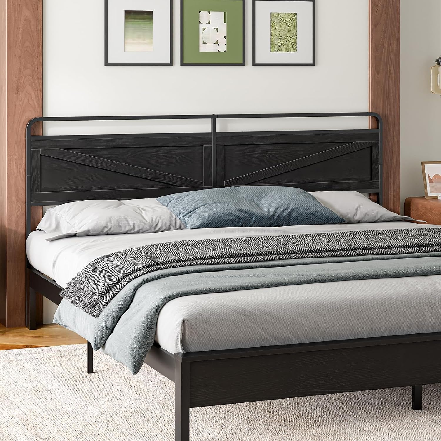 Wooden Panel Headboard, King Headboard, Minimalist Head Board with Metal Frame, Height Adjustable, with Bed Frame Adapter, Black