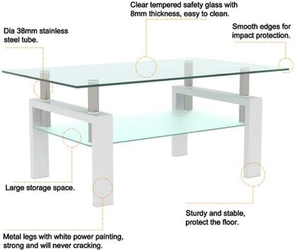 Glass Coffee Table and End Table Set of 3, Modern Living Room Table Set with Tempered Glass & Metal Frame, Double-Layer Side Tables (Clear Glass + White Leg, Set of 3)