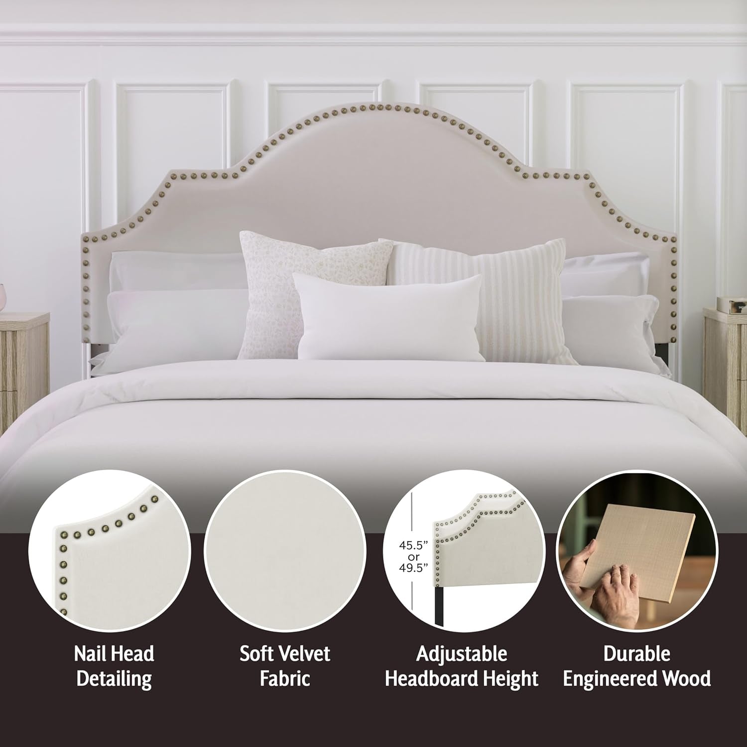 , Cynthia Upholstered Full/Queen Adjustable Headboard, Cream