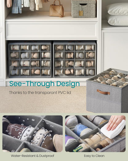Shoe Organizers for Closet, Pack 2 Shoe Storage Bins, Fits 32 Pairs, Fabric Containers with Handles and Clear Cover, Adjustable Dividers, Customizable, Dove Gray ULSP556G01