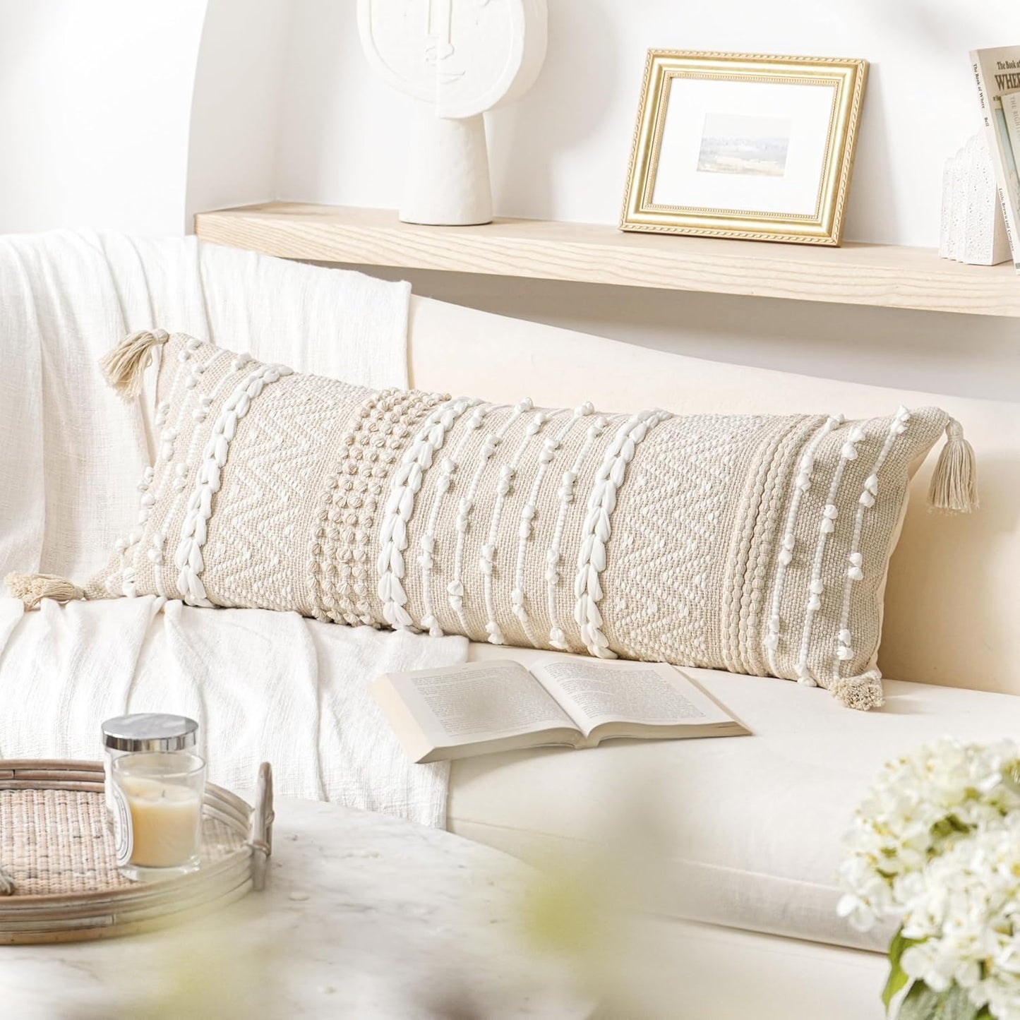Cream Decorative Lumbar Throw Pillow Cover 14X36 Boho Long Cushion for Bed Neutral Beige White Accent Modern Farmhouse Pillowcase for Bedroom Living Room Couch Sofa Home Décor Cover ONLY