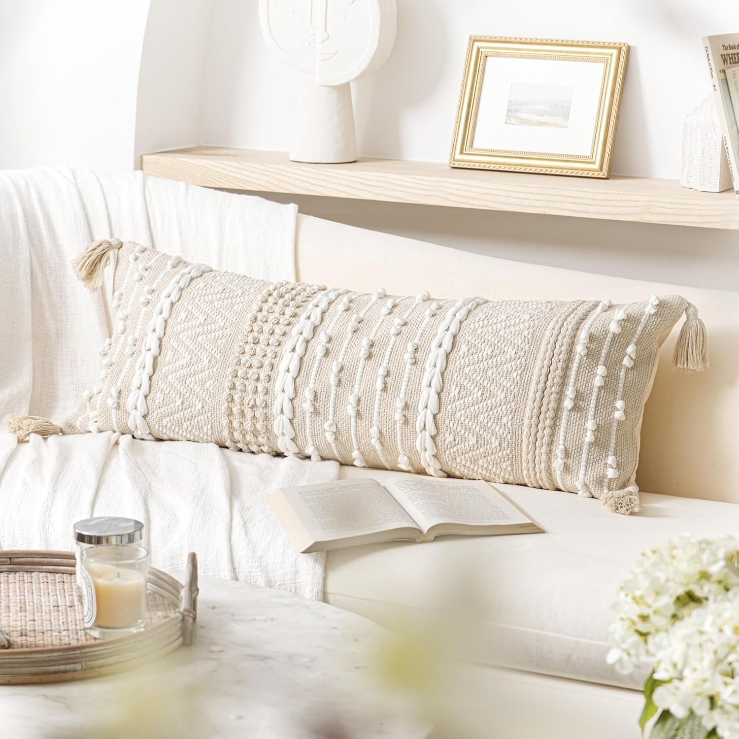Cream Decorative Lumbar Throw Pillow Cover 14X36 Boho Long Cushion for Bed Neutral Beige White Accent Modern Farmhouse Pillowcase for Bedroom Living Room Couch Sofa Home Décor Cover ONLY
