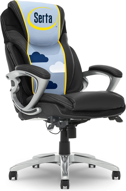 Bryce Executive Office Chair, Ergonomic Computer Deskchairs with Patented AIR Lumbar Support, Comfy Body Pillows, Height Adjustable, Swivel Base with Wheels, Bonded Leather, Black