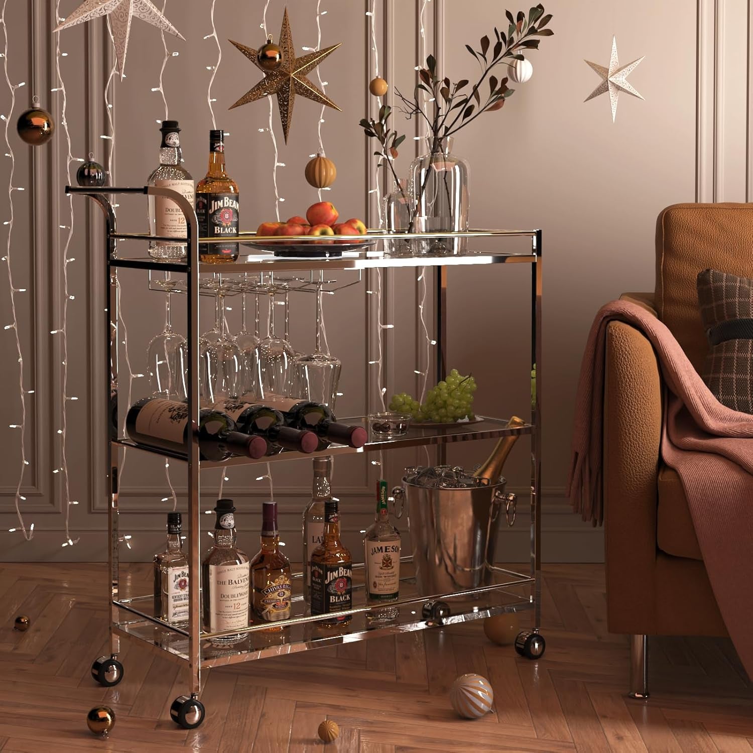 Bar Cart Silver, Home Bar Serving Cart, Modern Bar Cart with 3-Tier, Mobile Kitchen Shelf with Wine Rack and Glass Holder, Bar Carts for the Home, Dining Room, Living Room