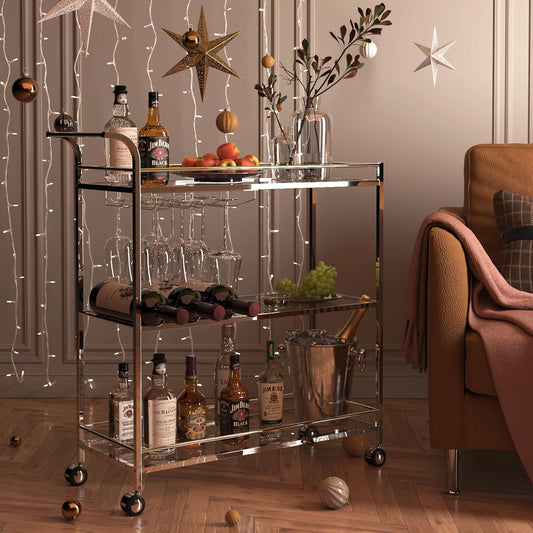 Bar Cart Silver, Home Bar Serving Cart, Modern Bar Cart with 3-Tier, Mobile Kitchen Shelf with Wine Rack and Glass Holder, Bar Carts for the Home, Dining Room, Living Room