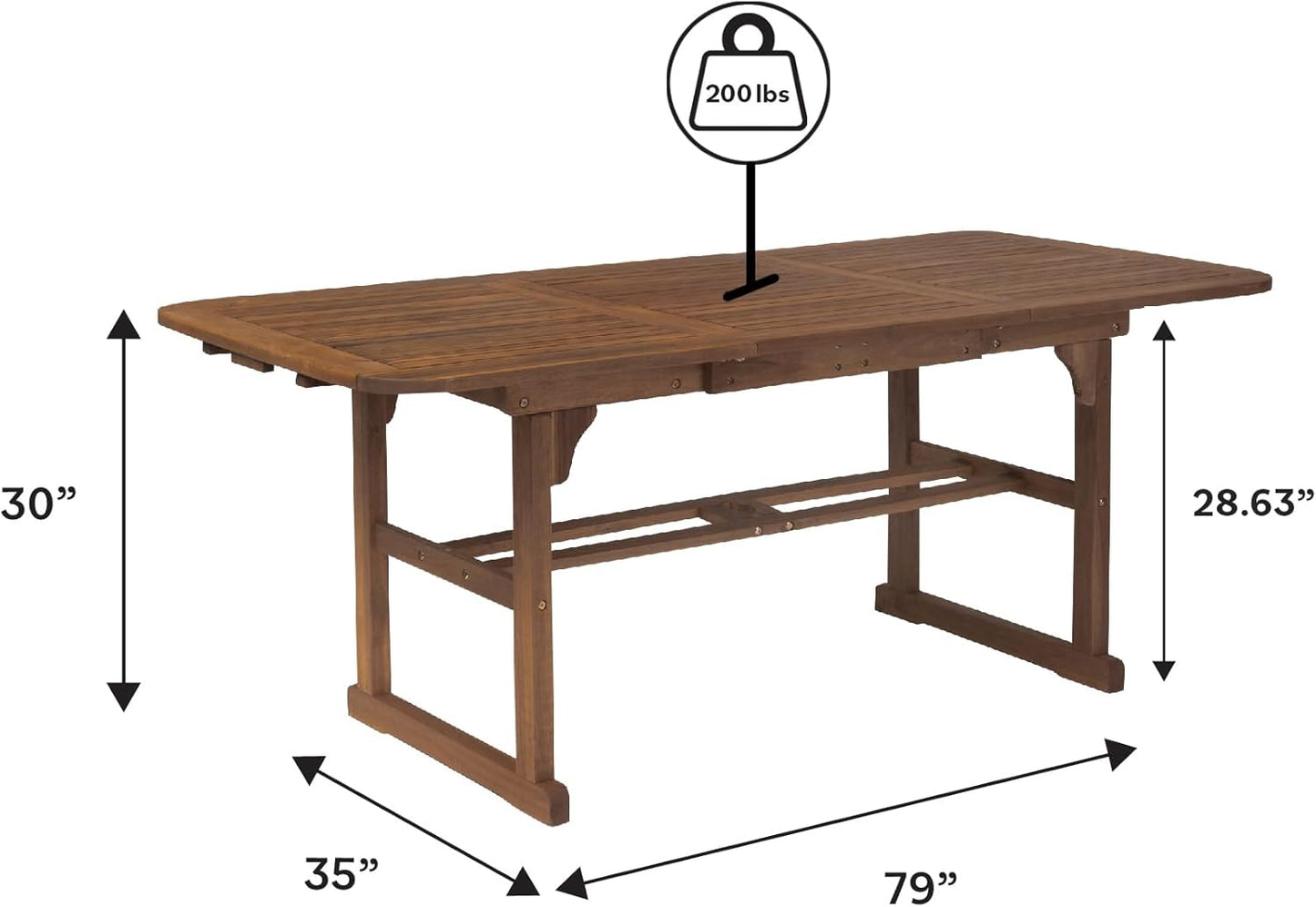 Maui Modern Solid Acacia Wood Slatted Patio Dining Table, 78 Inch, Dark Brown