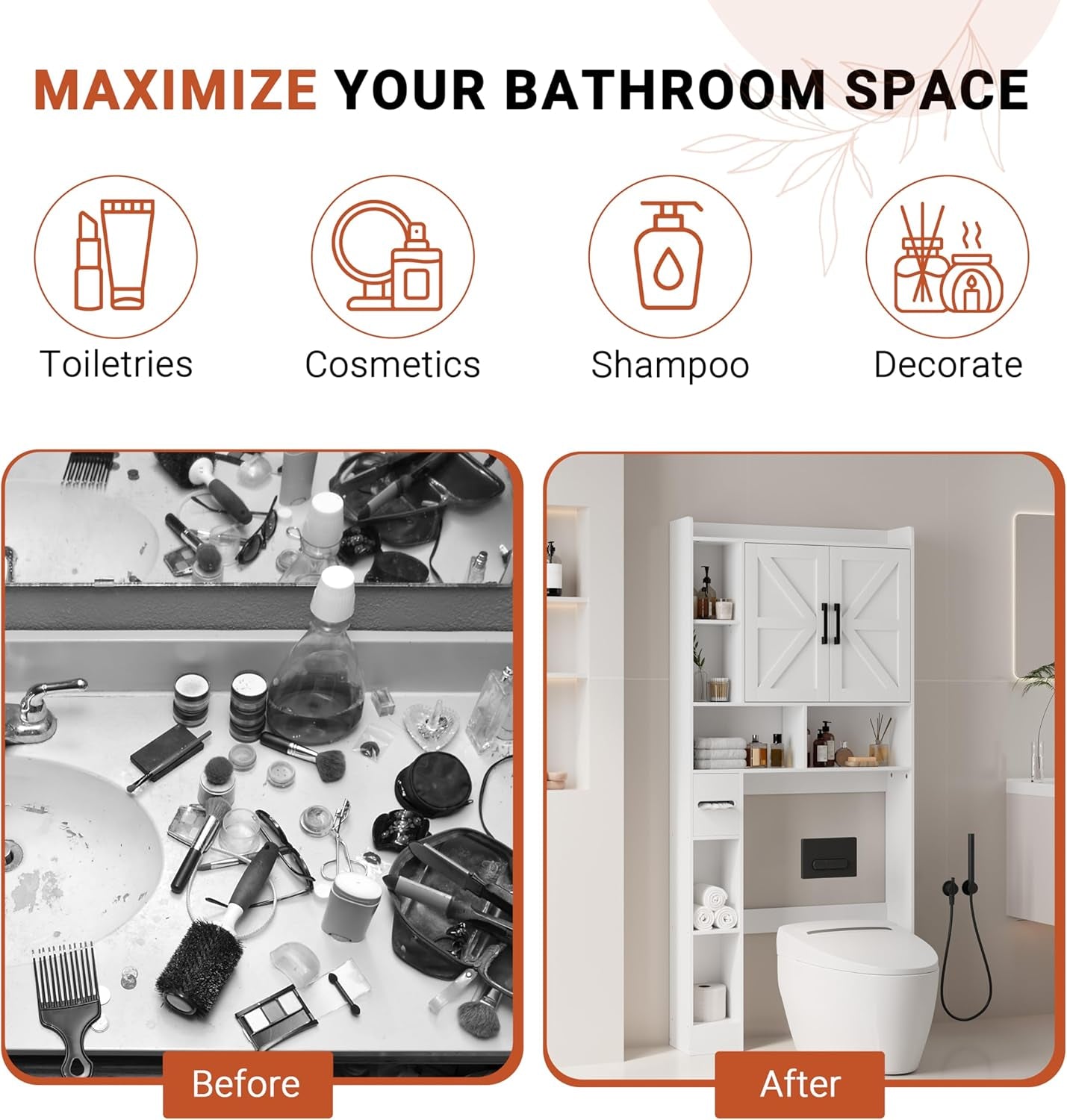 Over the Toilet Storage Cabinet, Tall Bathroom Cabinet Organizer with Adjustable Shelves and Toilet Paper Holder, 32" W Farmhouse Storage Cabinet with 2 Barn Doors for Laundry, Restroom, White