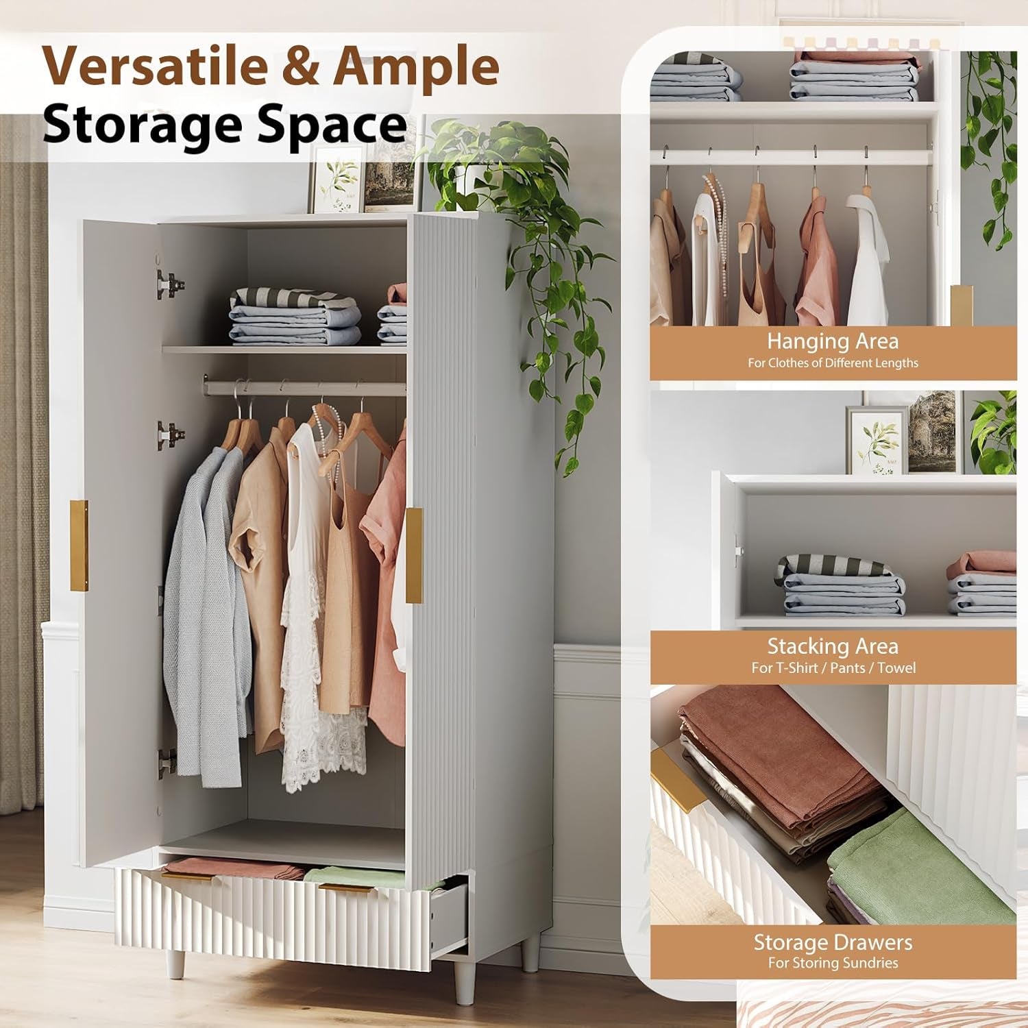 Fluted Wardrobe Closet Armoire with Doors and Drawers, White Wardrobe Cabinet with Hanging Rack, Bedroom Closet Wood, Free Standing Armoire with Shelf and Solid Wood Legs, 31.5"W*19.7"D*69.3"H