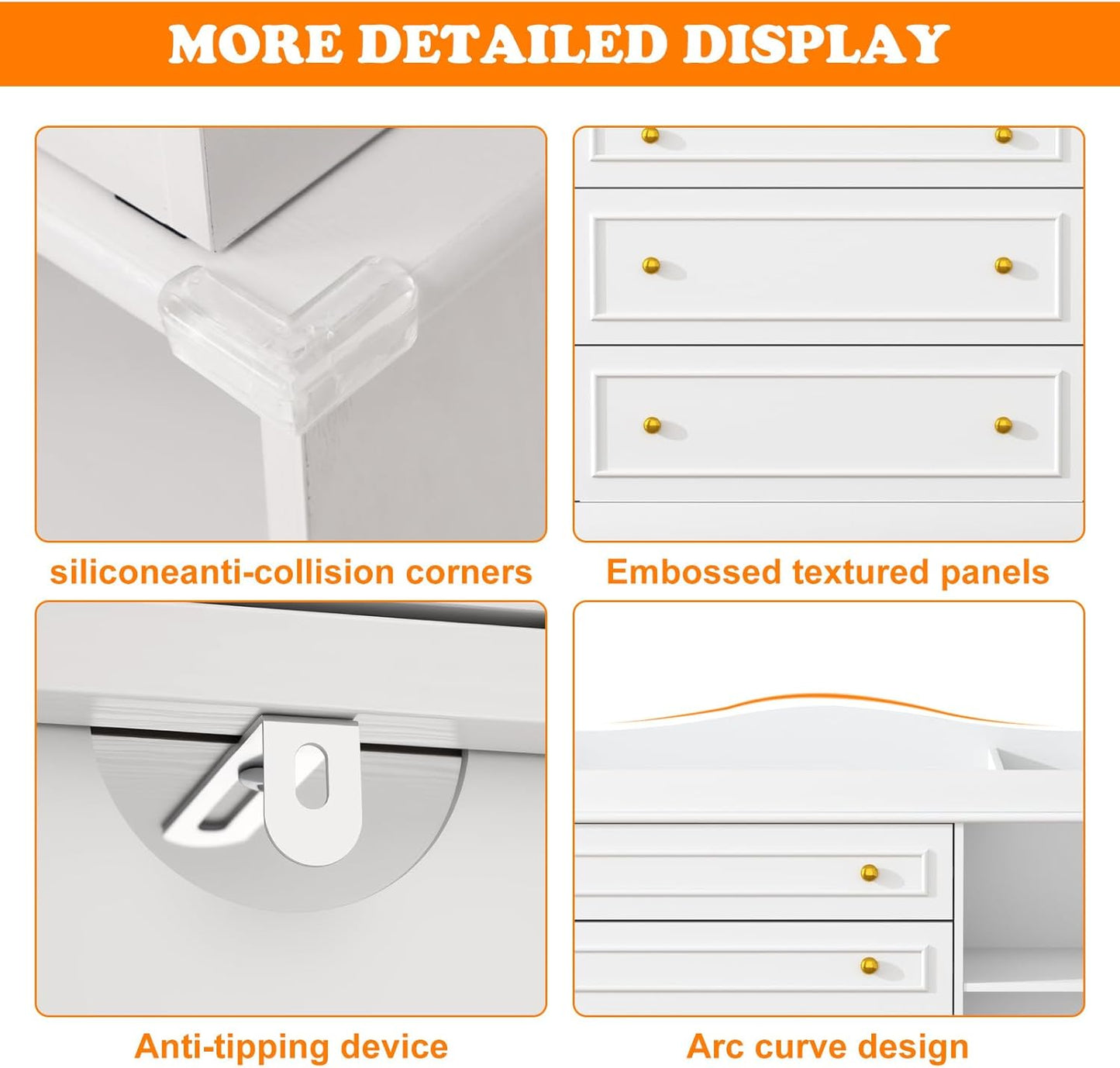White Changing Table Dresser, Baby Nursery Dresser, Baby Diaper Changing Table, 5 Drawers, Adjustable Shelves, Metal Handle, Curved Wrapping Design, White