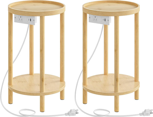 Set of 2 Small round Side Tables with Charging Station, 2-Tier round Bamboo End Tables, Easy Assembly, for Living Room, Bedroom, Apartment, Natural YL156UBZP201