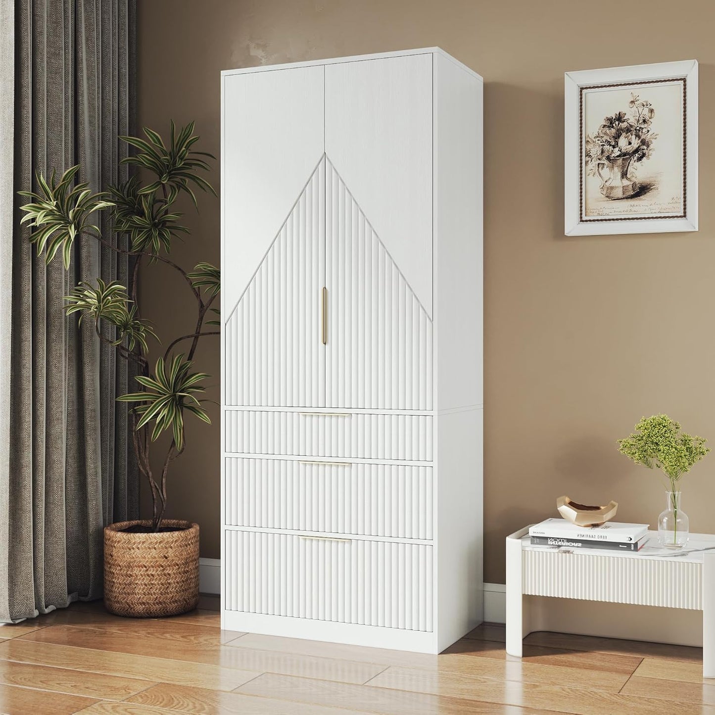 71.7" Wardrobe Armoire Wooden Closet with 2 Doors and 3 Drawers, Bedroom Armoire with Hanging Rod Shelf, Large Capacity Storage Wardrobe Armoire, Freestanding Wooden Closet Storage Cabinet White
