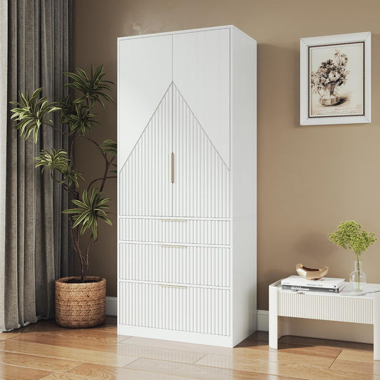 71.7" Wardrobe Armoire Wooden Closet with 2 Doors and 3 Drawers, Bedroom Armoire with Hanging Rod Shelf, Large Capacity Storage Wardrobe Armoire, Freestanding Wooden Closet Storage Cabinet White
