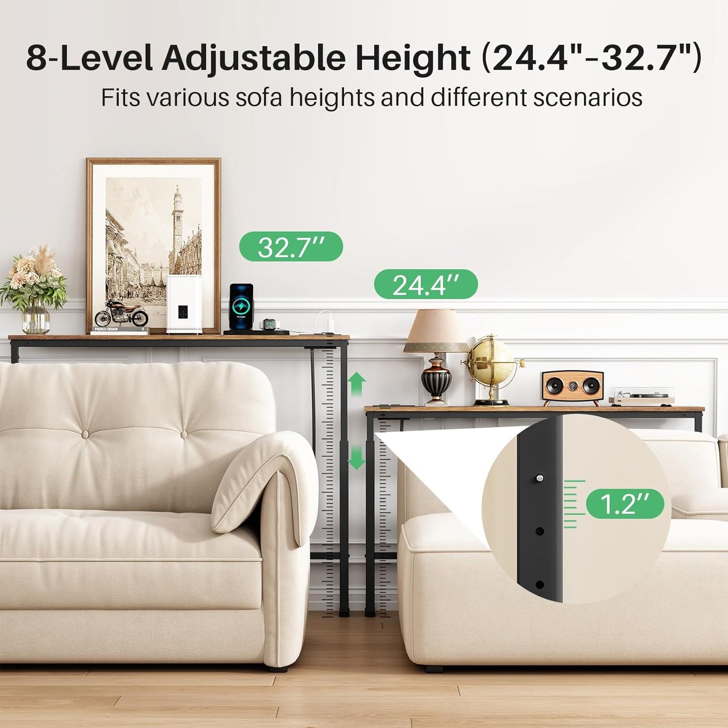 2-Pack Narrow Console Table with Adjustable Height (25"-33") & 2 Power Outlets, Skinny behind Couch Table, 78.8" Long X 5.9" Wide Sofa Side Table for Living Room, Rustic Brown | 2-Pack, behind Sofa Couch