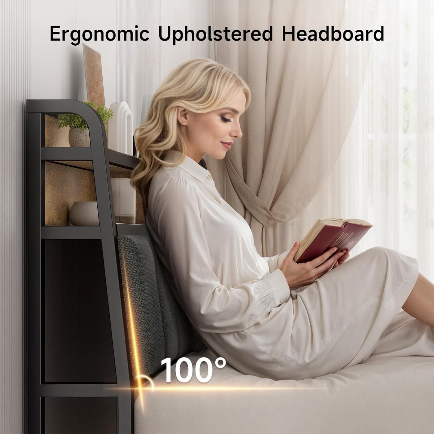 Ergonomic Headboard for Queen Size Bed with 2-Tier Storage, Upholstered Headboard with Outlets, USB Ports, LED Light, Queen Head Board Only, Height Adjustable, Sturdy and Stable, Black & Brown