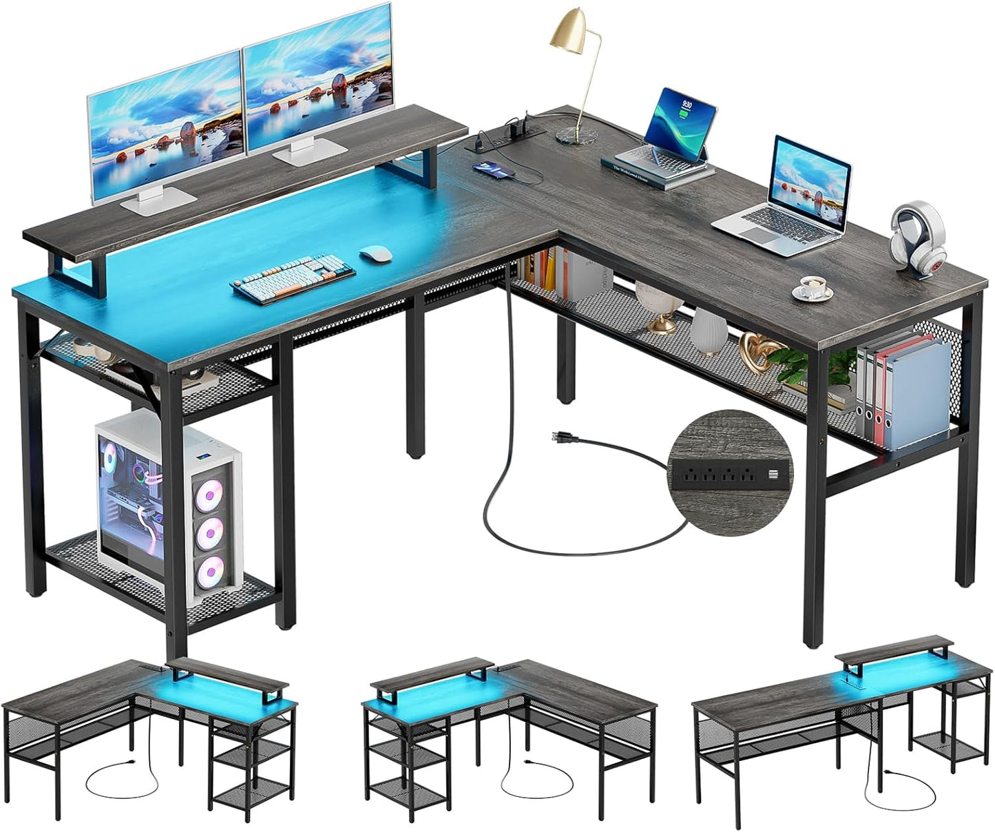 L Shaped Computer Desk with Magic Power Outlets and Smart LED Light, Reversible 55 Inch Corner Office Desk with Monitor Stand, Unique Grid Design, Gaming Table with Storage, Black Oak