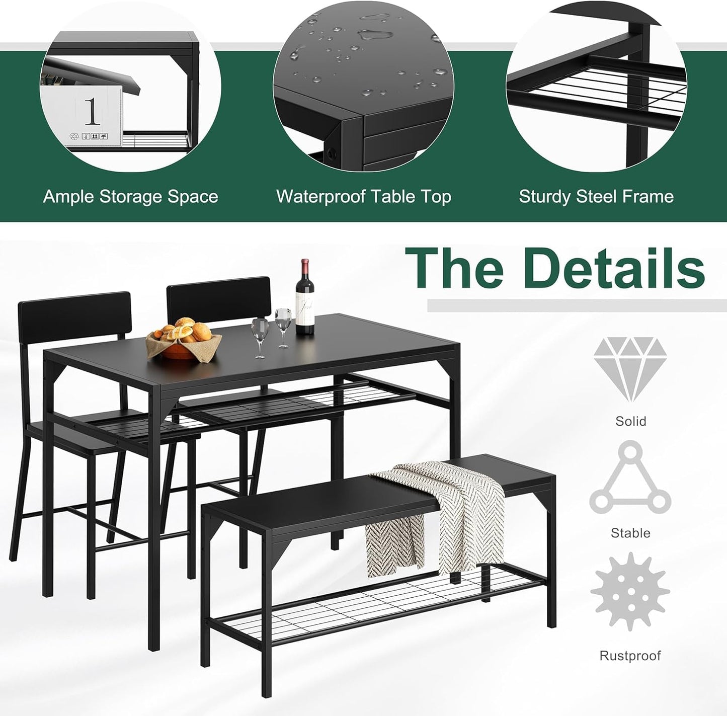 Kitchen Table Chairs Set of 4, Dining Table Set for 4 with Bench and Chairs, 4 Pieces Kitchen Table Set with Storage Rack & Metal Frame for Small Space, Black