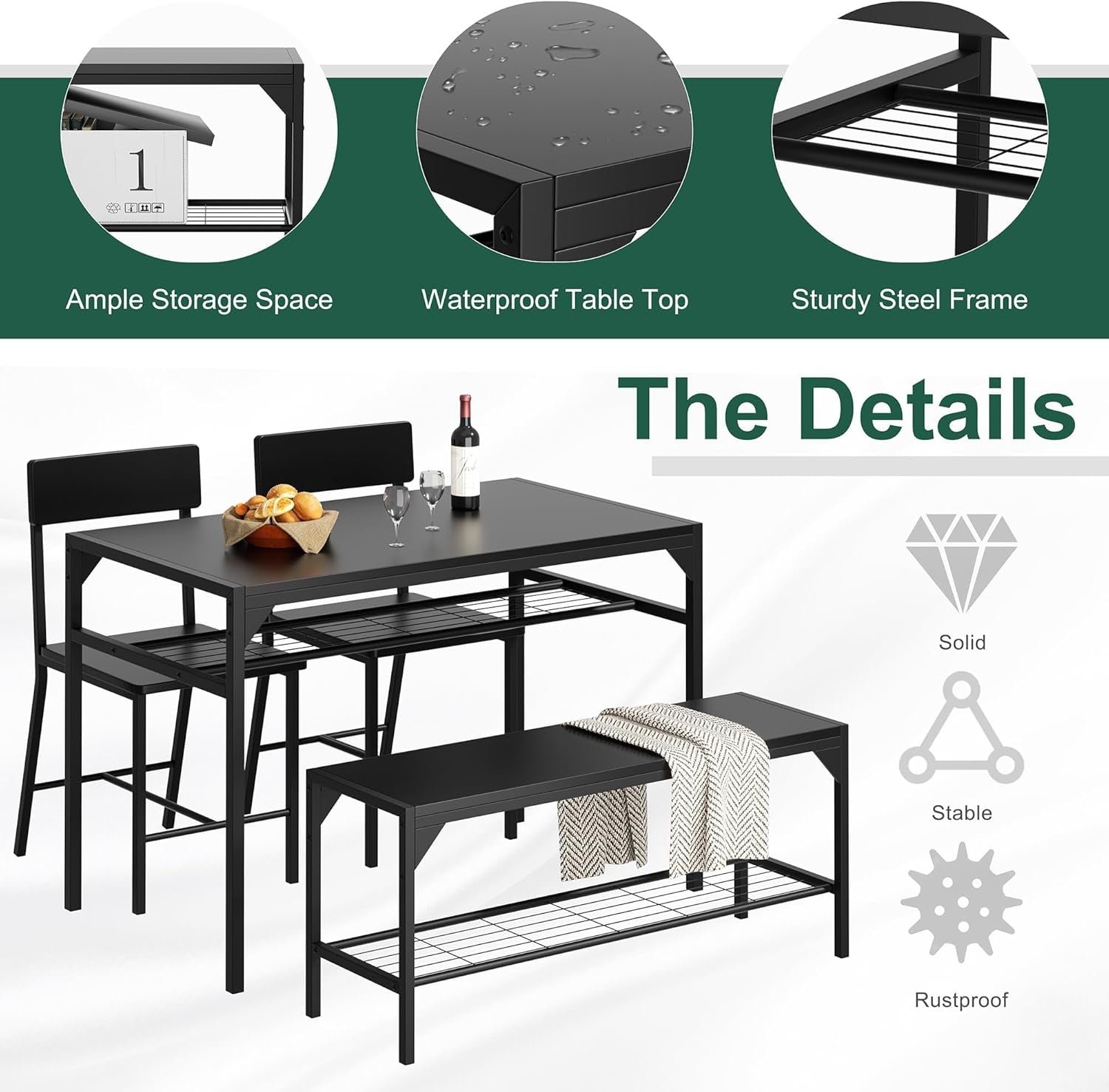 Kitchen Table Chairs Set of 4, Dining Table Set for 4 with Bench and Chairs, 4 Pieces Kitchen Table Set with Storage Rack & Metal Frame for Small Space, Black