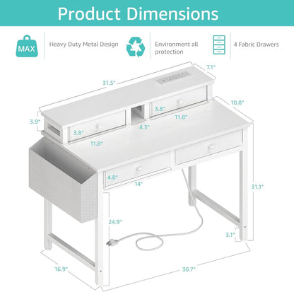 Small White Kids Desk with Fabric Drawers for Bedroom, 32 Inch Vanity Makeup Desk with Drawers Storage for Home Office, Writing Study Table with Power Outlet & Monitor Stand, White
