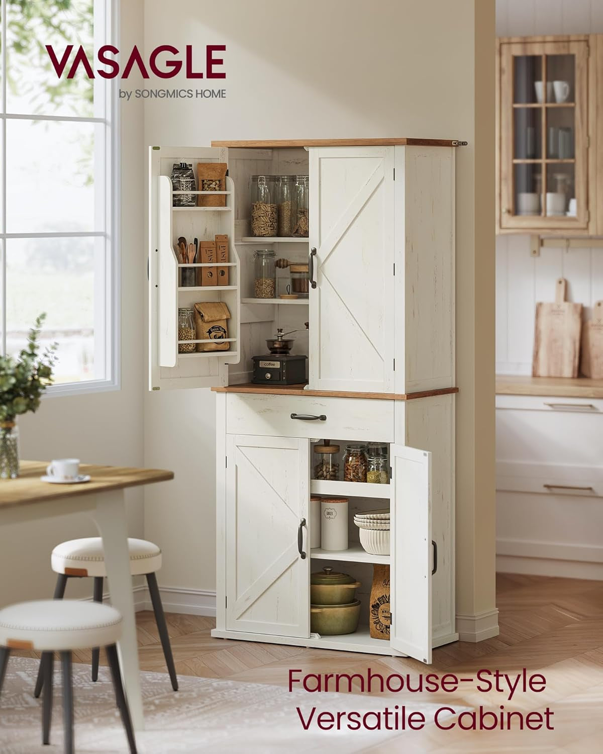 LIRY Collection - Pantry Cabinet, 70.3-Inch Tall Farmhouse Kitchen Storage Cabinet with Barn Doors, Drawer, Tray, Adjustable Shelves, for Kitchen, Dining Room, Hazelnut Brown UBBK364K01