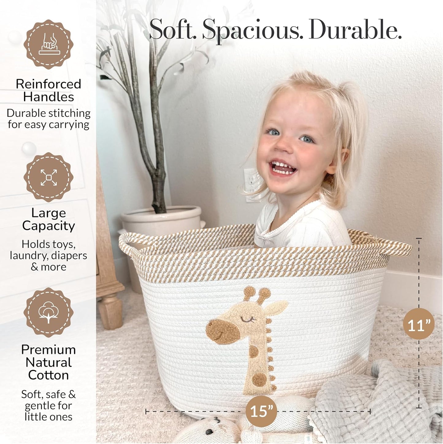Giraffe Storage Basket for Nursery – Large 15”X11” Cotton Rope Bin with Soft Felt Animal Patch – Toy Organizer, Baby Laundry Hamper, Diaper & Towel Holder – Foldable, Washable & Baby-Safe