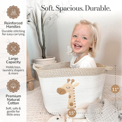 Giraffe Storage Basket for Nursery – Large 15”X11” Cotton Rope Bin with Soft Felt Animal Patch – Toy Organizer, Baby Laundry Hamper, Diaper & Towel Holder – Foldable, Washable & Baby-Safe