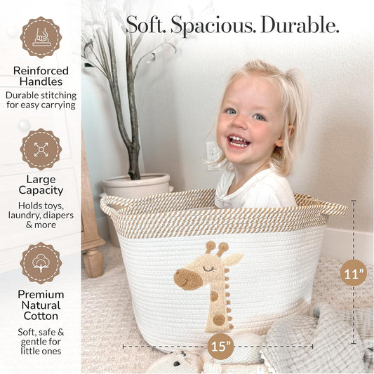 Giraffe Storage Basket for Nursery – Large 15”X11” Cotton Rope Bin with Soft Felt Animal Patch – Toy Organizer, Baby Laundry Hamper, Diaper & Towel Holder – Foldable, Washable & Baby-Safe