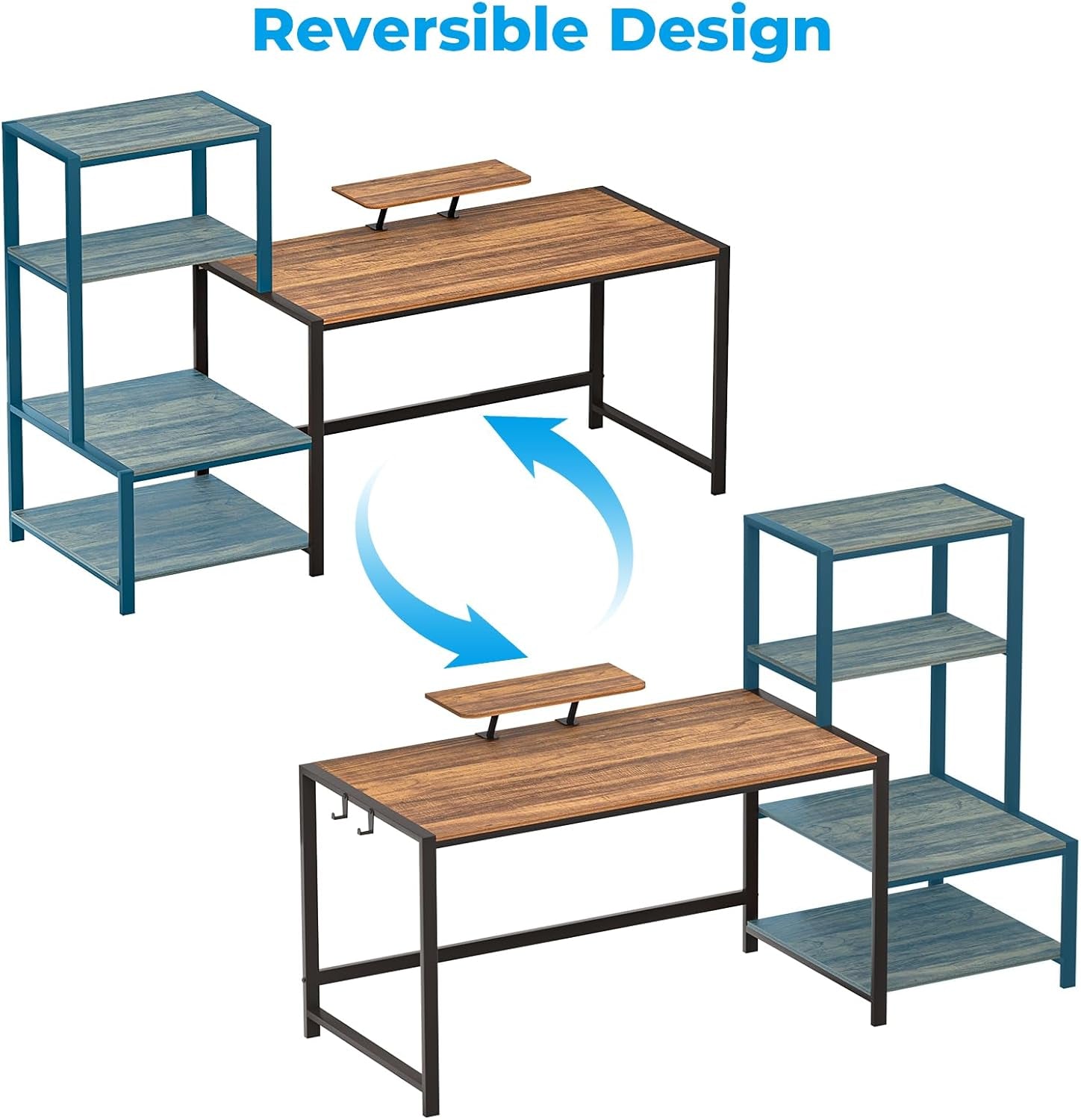 Computer Desk 58 Inch with Printer Shelf, Reversible Office Desk with Monitor Stand and 2 Hooks, Home Workstation for Study Writing Working Gaming, Brown