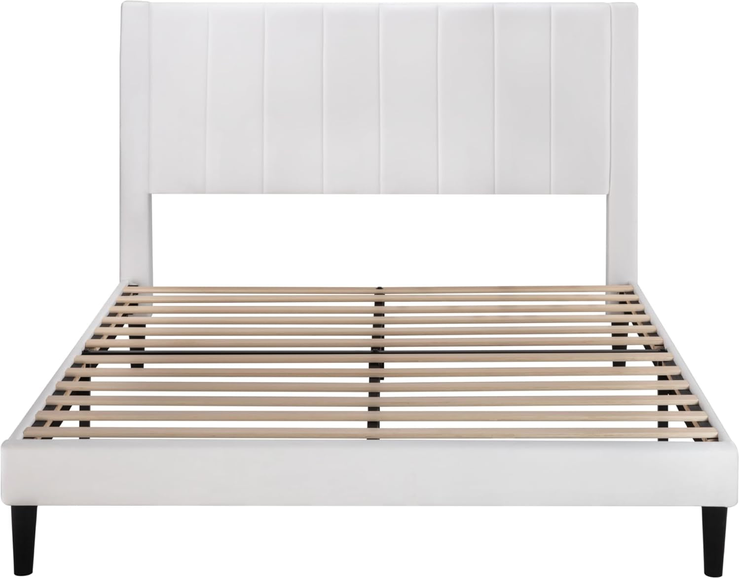 Full Bed Frame/Velvet Upholstered Bed Frame with Vertical Channel Tufted Headboard/Strong Wooden Slats/Platform Bed Frame/Mattress Foundation/Box Spring Optional/Easy Assembly/White