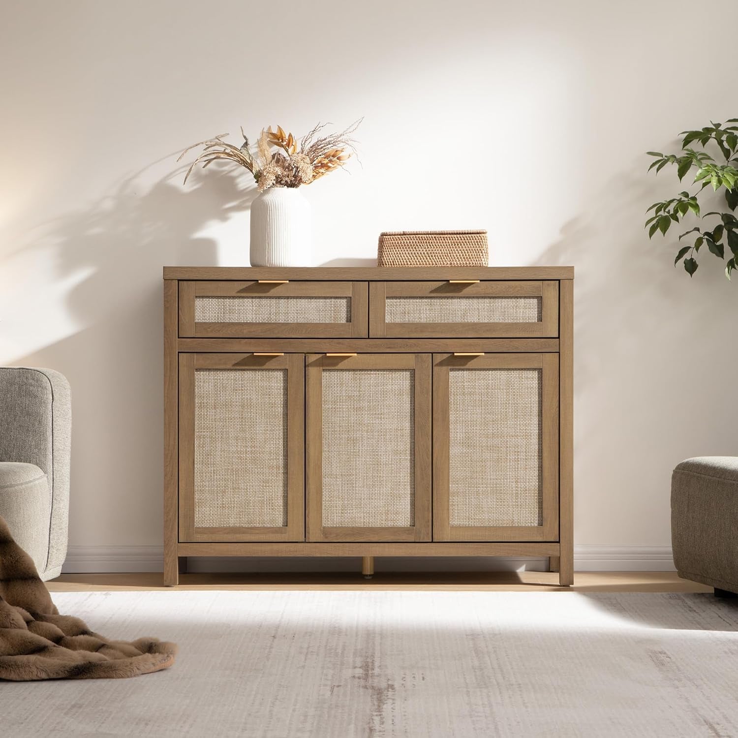 Rattan Sideboard Buffet Cabinet with Storage, Boho Credenza Accent Cabinet with 3 Doors and 2 Drawers, Farmhouse Console Coffee Bar for Kitchen, Living Room, and Entryway, Caramel Oak