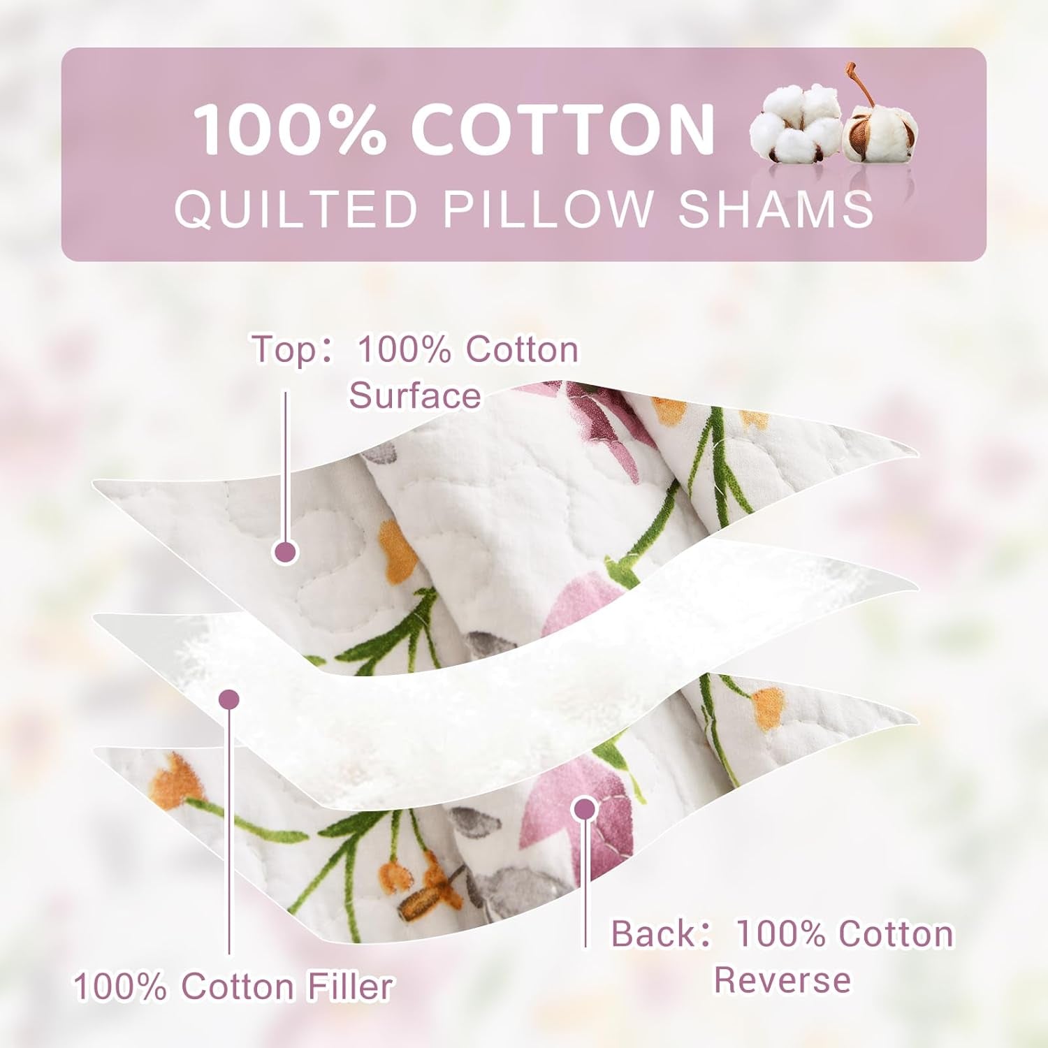 Cotton King Size Pillow Shams Set of 2 (20"X36"), Flowers Printed Pillow Covers Soft Breathable Envelope Closure Quilted Bed Pillows