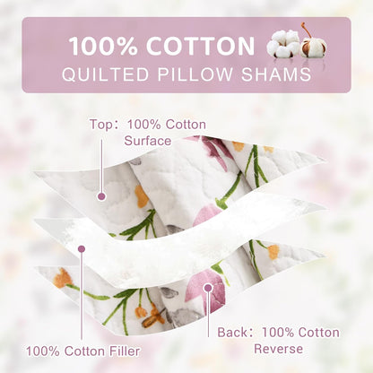 Cotton King Size Pillow Shams Set of 2 (20"X36"), Flowers Printed Pillow Covers Soft Breathable Envelope Closure Quilted Bed Pillows