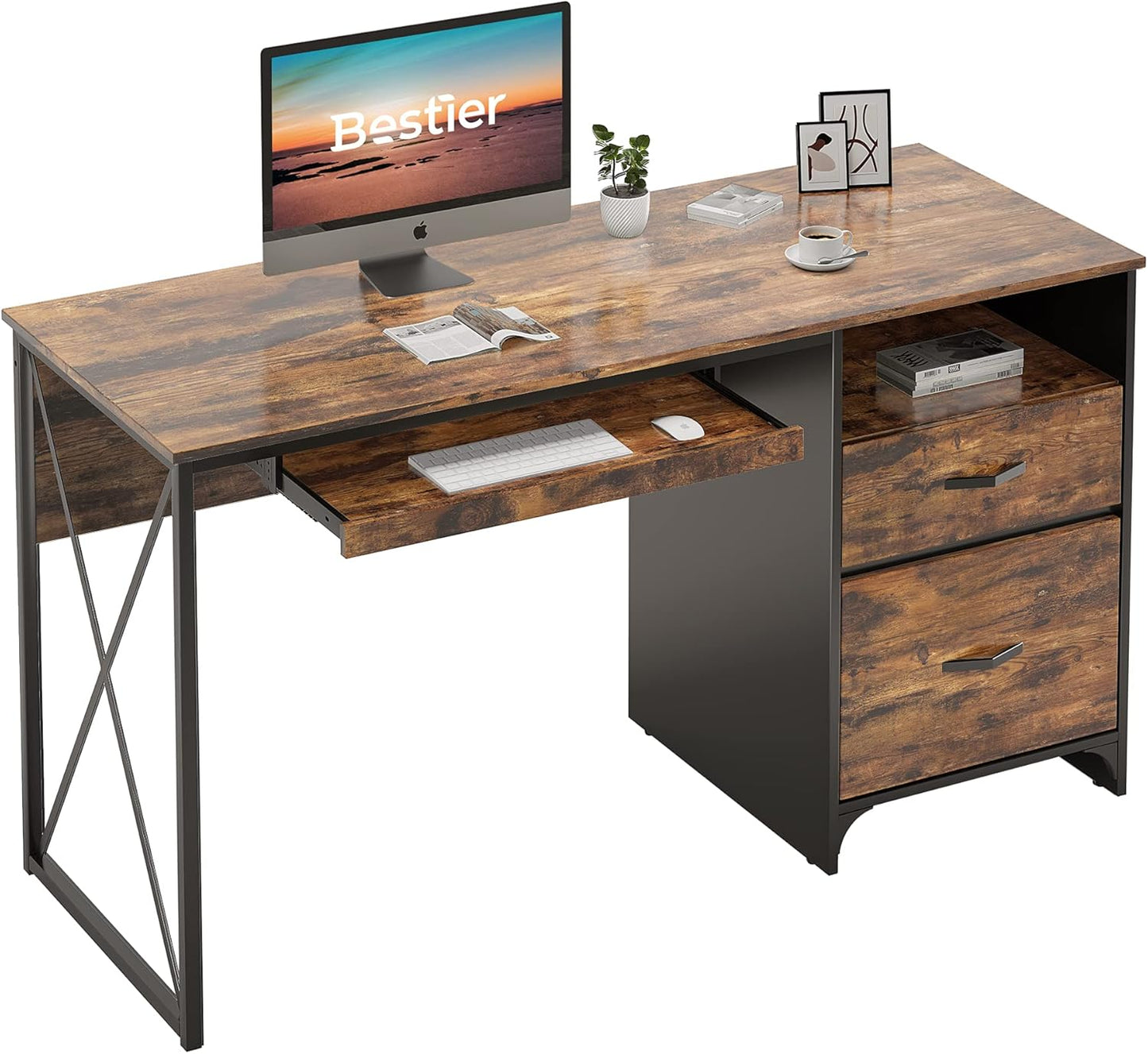Office Desk with Drawers, 55 Inch Industrial Computer Desk with Storage, Wood Teacher Desk with Keyboard Tray & File Drawer for Home Office, Rustic Brown