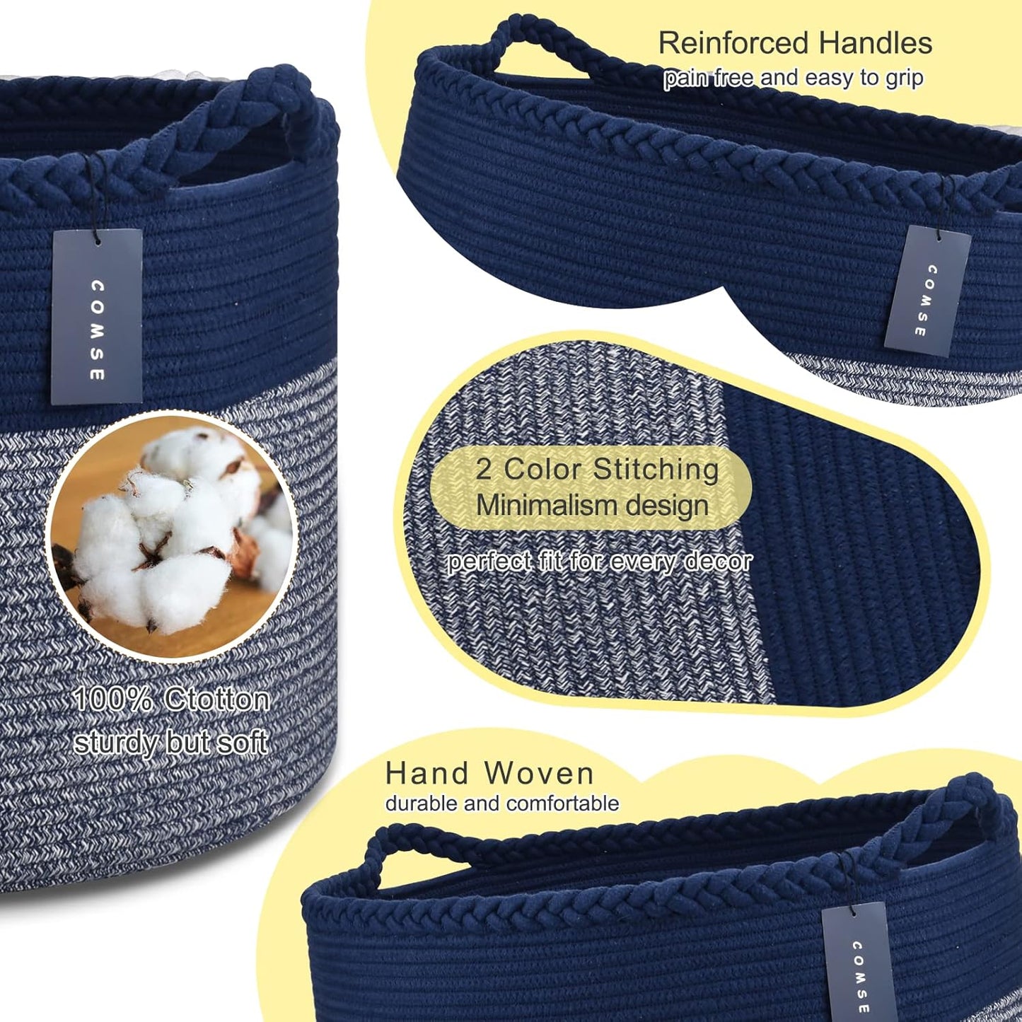 Extra Large Blanket Basket, Woven Laundry Basket, 21.7”X 13.8”, Nursery Hamper, Cotton Rope Laundry Hamper Living Room for Storage Toys Clothes Towels (Navy Blue)