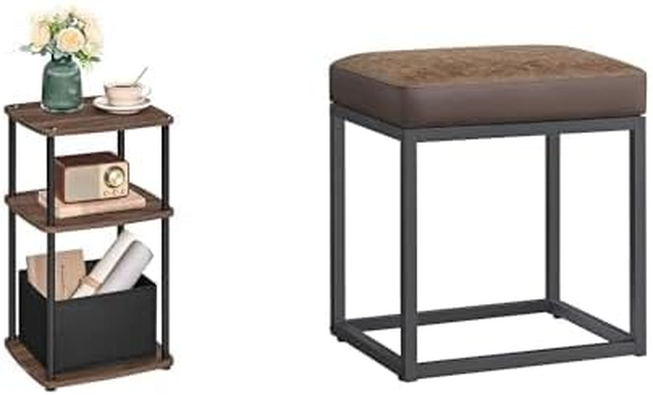 HOME End Table with 3 Storage Shelves, Ottoman Footstool, Walnut ULET286K01 and ULOM079K01