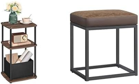 HOME End Table with 3 Storage Shelves, Ottoman Footstool, Walnut ULET286K01 and ULOM079K01