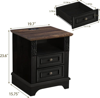 Farmhouse Nightstand Wtih Charging Station, 20" End Table with 2 Drawers, Night Stand Side Table Storage Cabinet with Carved Pilasters for Bedroom,Wood Rustic, Black