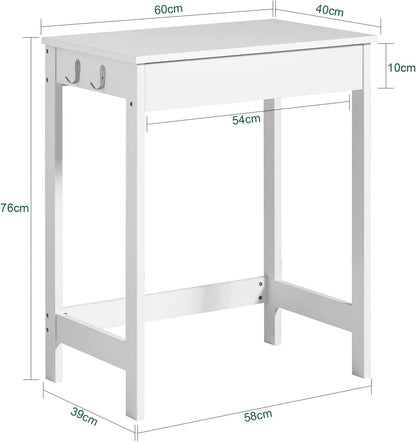 White Small Desk with Drawers, Mini Table Computer Writing Workstation Children Teenagers Desk with Drawer and Hooks, White FWT43-W