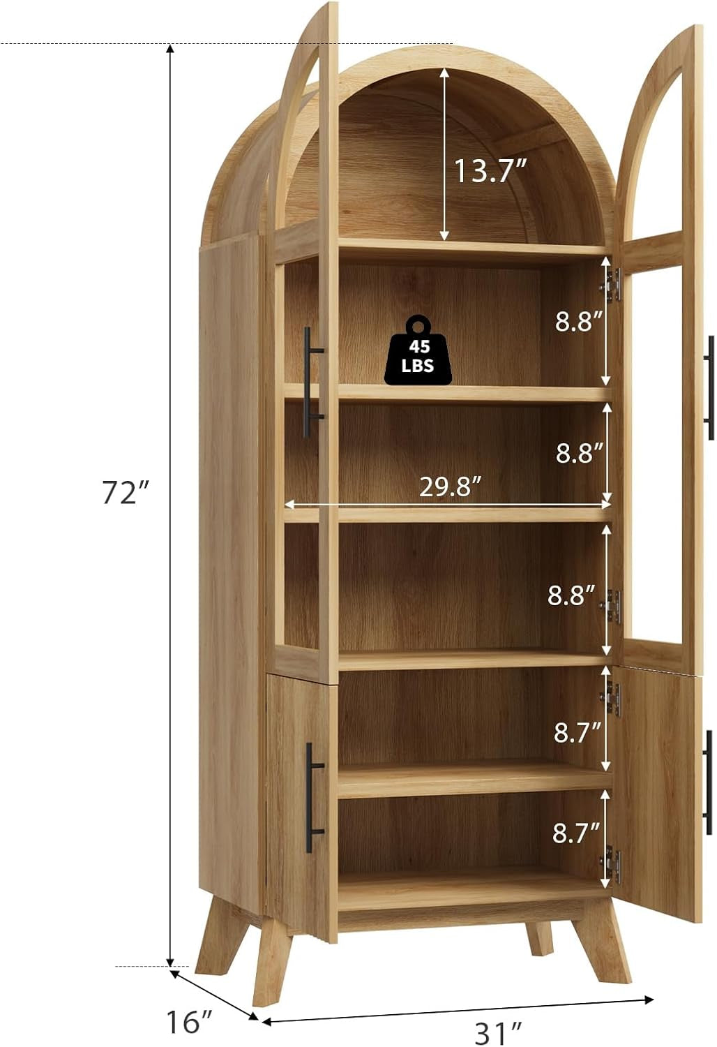 71" Modern Fluted Display Cabinet with Glass Door, Arched Curio Cabinet with Adjustable Shelf, Bookcase for Collectibles Books, Storage Cabinet for Living Room, Dining Room, Natural Oak