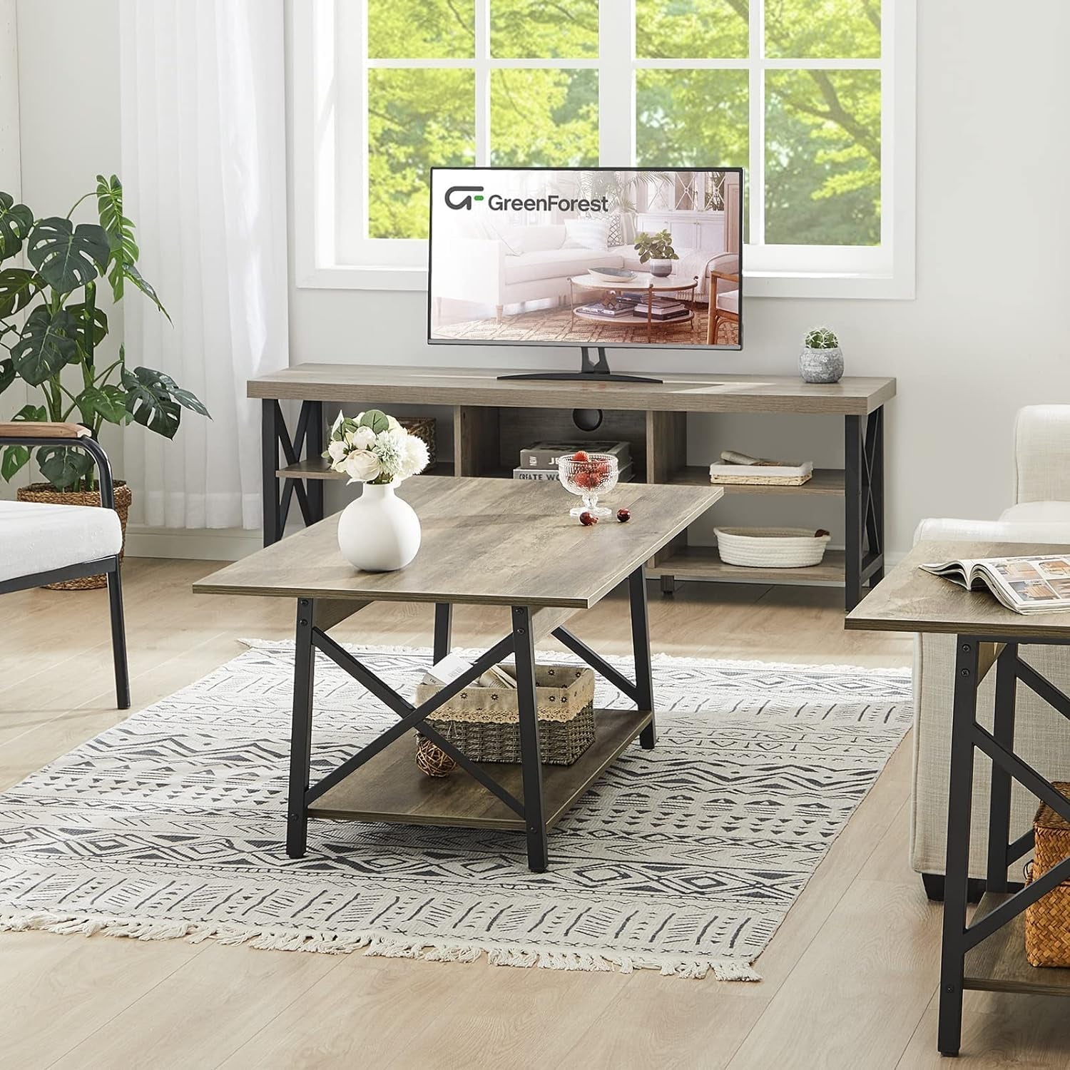 Coffee Table with Storage, 39Inch Modern 2-Tier Coffee Tables for Living Room, X-Frame Design Farmhouse Coffee Table Space Saving Living Room Small Tables, Easy Assembly, Grey Wash