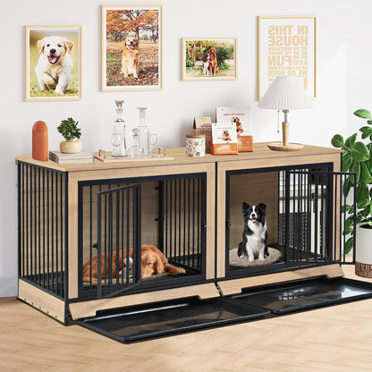 74.8" Large Dog Crate Furniture, Heavy Duty Dog Kennel House with 2 Removable Trays and Divider, Double Doors & Locks Design, Indoor Wooden Dog Crates TV Stand (Black+Natural, 74.80" L)