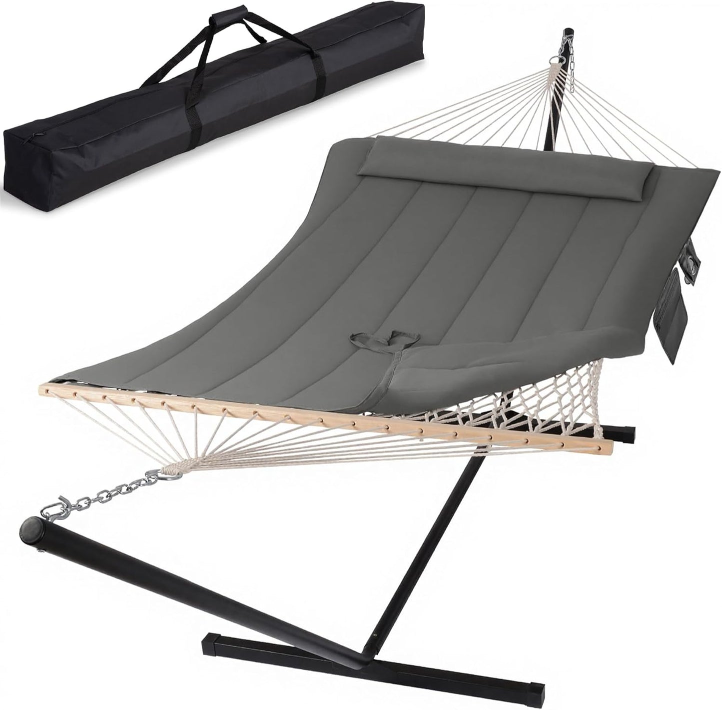 Double Outdoor Hammock with Stand, Carrying Bag, Two Person Cotton Rope Hammock with Polyester Pad, Dark Gray