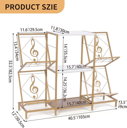Record Player Stand with Vinyl Record Storage, Turntable Stand with 4-Tier Vinyl Display Shelf & Metal Frame, Record Holder for Living Room, Gold & White