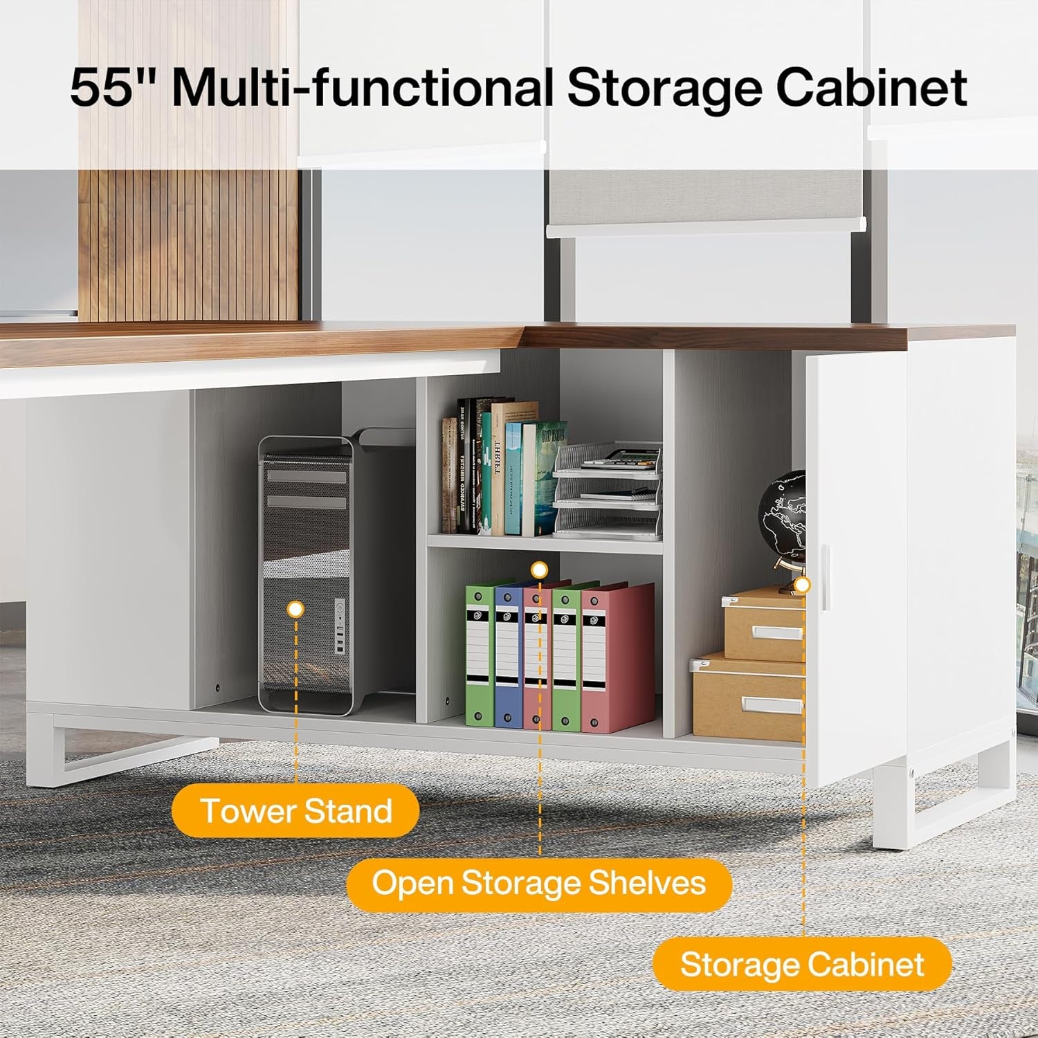 70.8" L-Shaped Executive Desk with 55" File Cabinet, Large Home Office Computer Desk with Storage Shelves and Cabinet, Modern Business Furniture Set Home Office, Walnut White